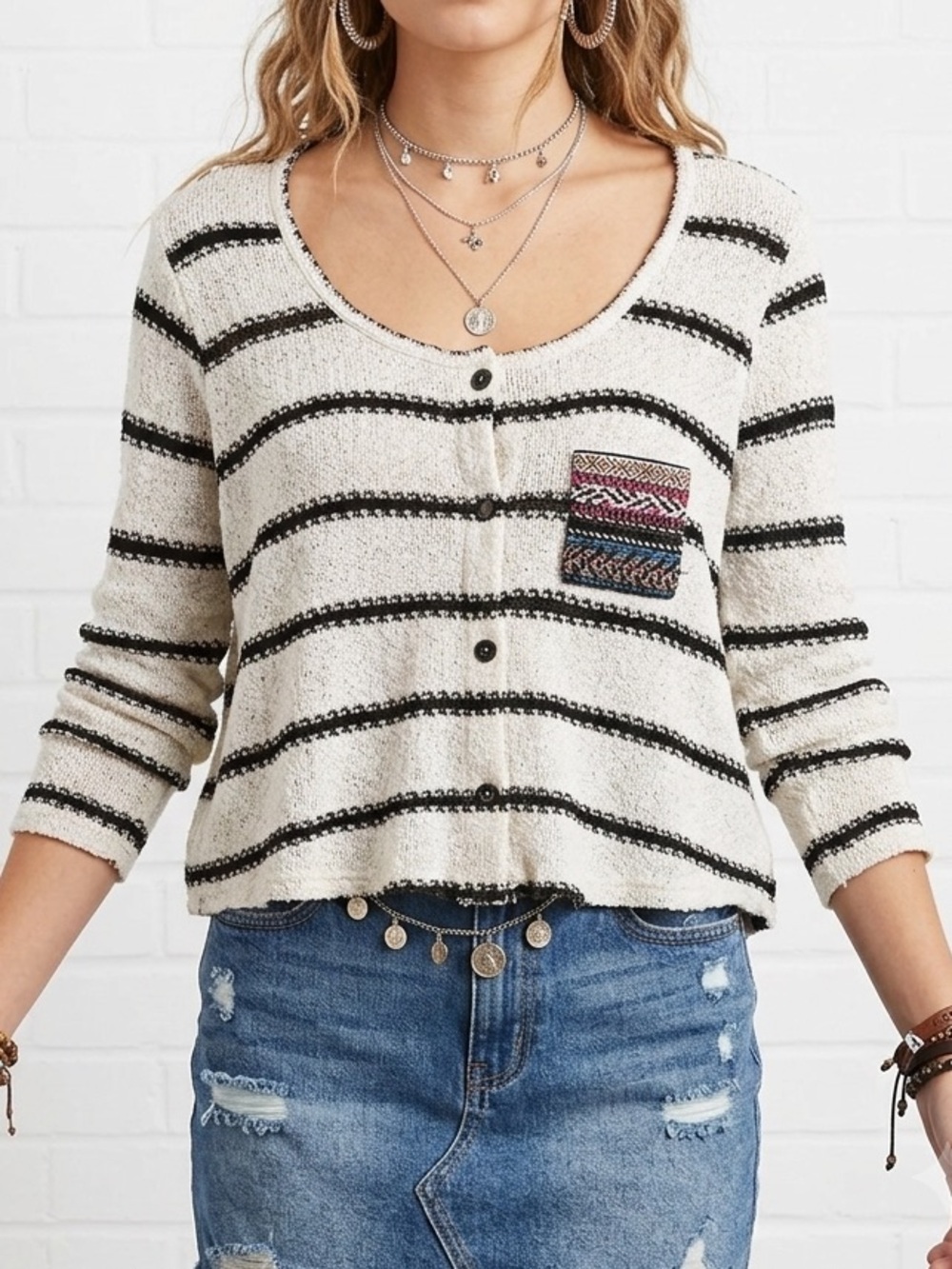 Daytrip Black & White Striped Button-Up Cardigan — Size M